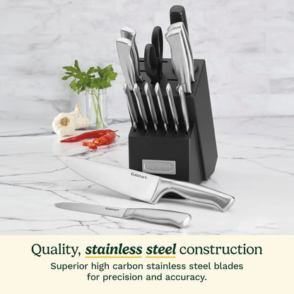 15-piece Cuisinart stainless steel knife set with hollow handles and black block on marble countertop