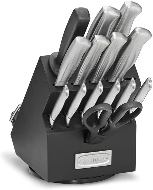 15-piece stainless steel cutlery block set with hollow handles and kitchen scissors in black holder
