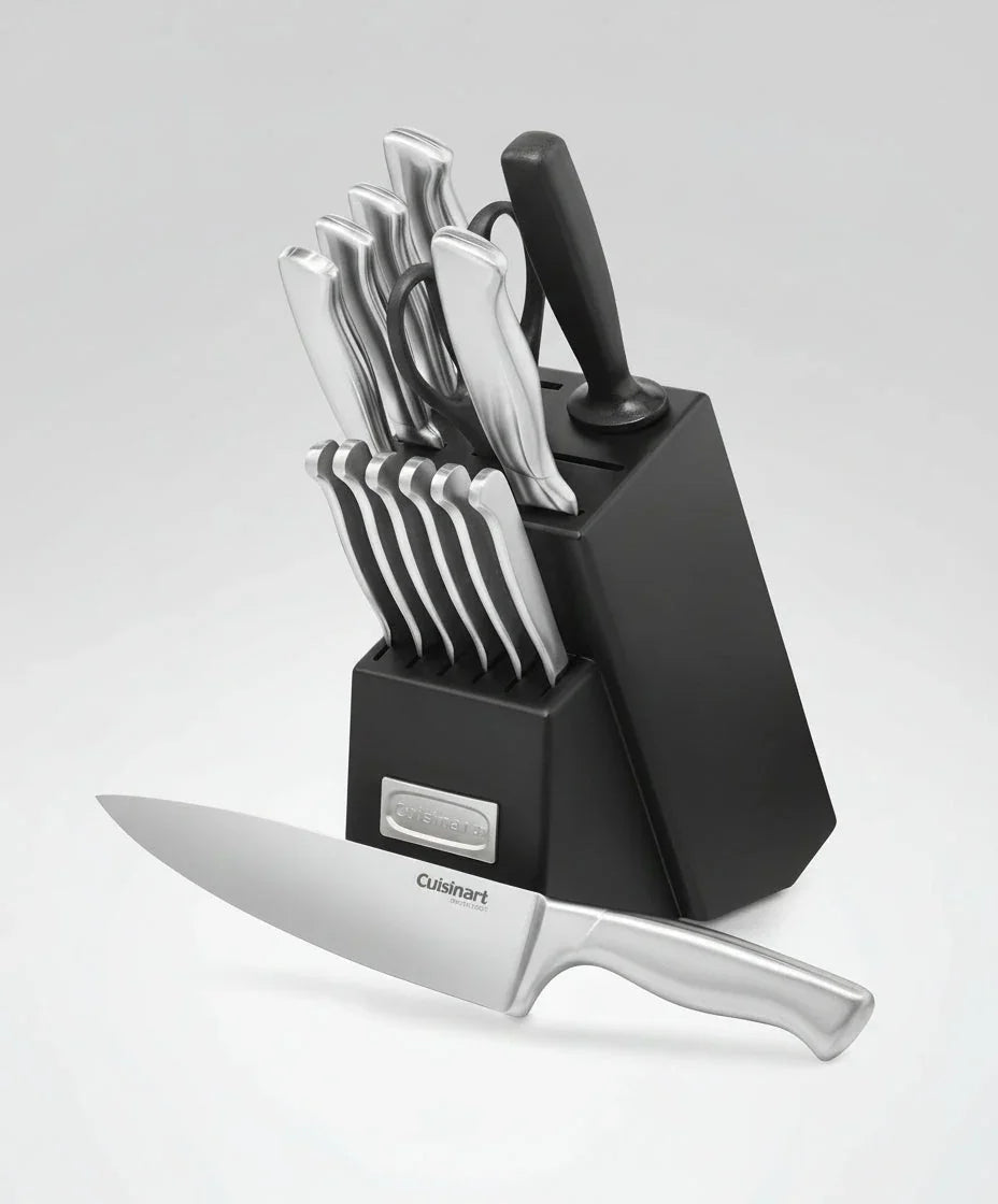 15-piece stainless steel knife block set by Cuisinart with hollow handles and a black knife block