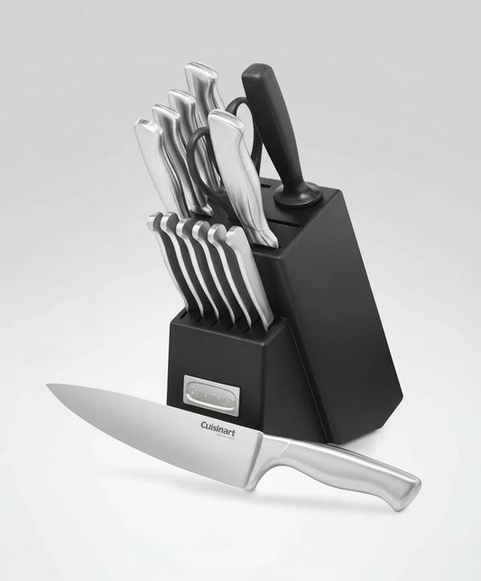 15-piece stainless steel knife block set by Cuisinart with hollow handles and a black knife block
