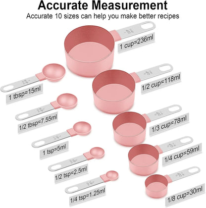 Pink Measuring Cups and Spoons Set (10 Piece, Stainless Steel)