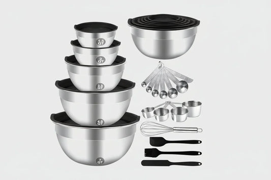 25-piece stainless steel mixing bowl set with lids, measuring cups, spoons, whisk, and black silicone spatulas
