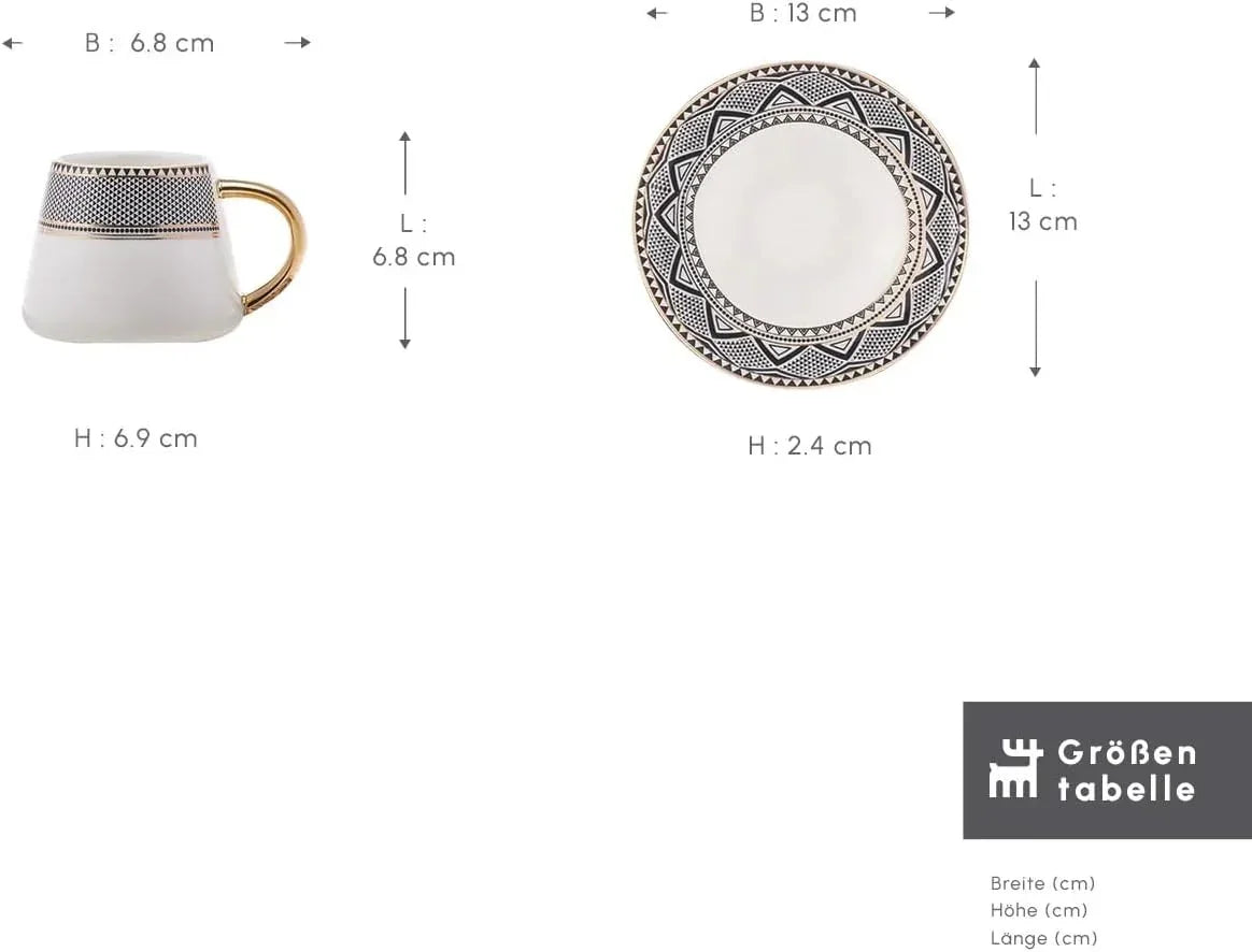 Porcelain Turkish coffee cup with gold handle and black geometric design, matching saucer with detailed pattern