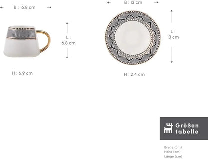 Porcelain Turkish coffee cup with gold handle and black geometric design, matching saucer with detailed pattern