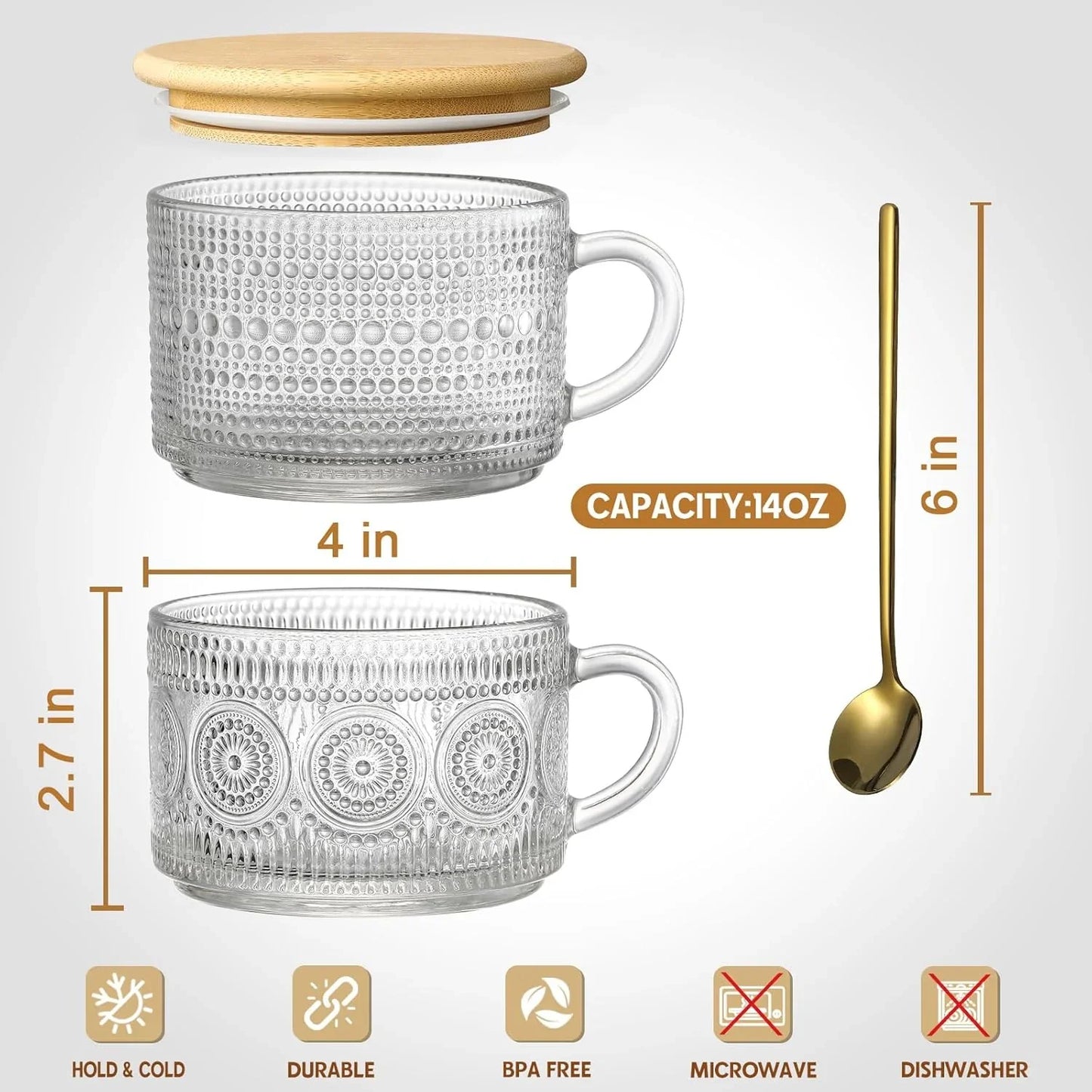 Set of two 14 oz vintage embossed glass coffee mugs with bamboo lid and gold spoon, 4x2.7 inch cups
