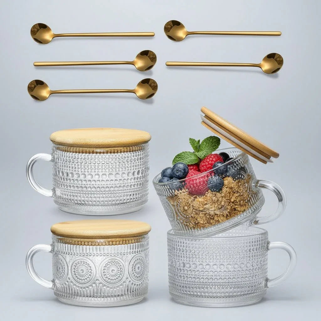 Set of four embossed glass mugs with bamboo lids and gold spoons, one mug with granola and berries
