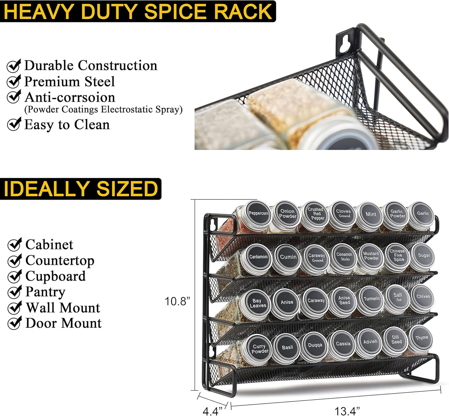 Wall-mounted black spice rack with 28 labeled square spice jars, ideal kitchen storage