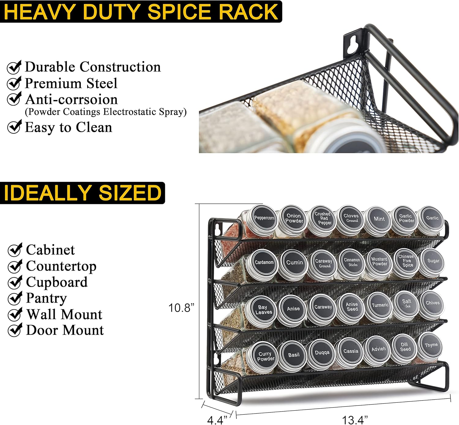 Wall-mounted black spice rack with 28 labeled square spice jars, ideal kitchen storage